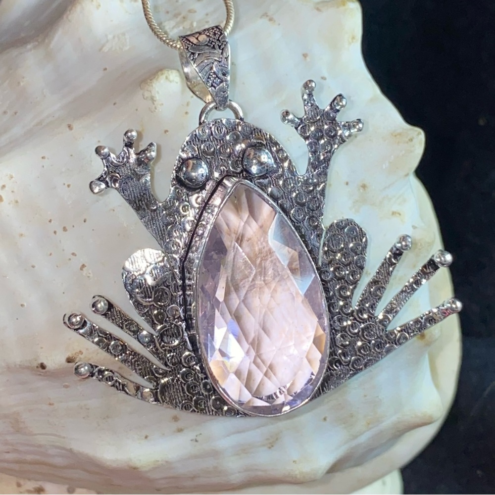 Whimsical Pink Kunzite Handcrafted Frog 925 facet cut pendant